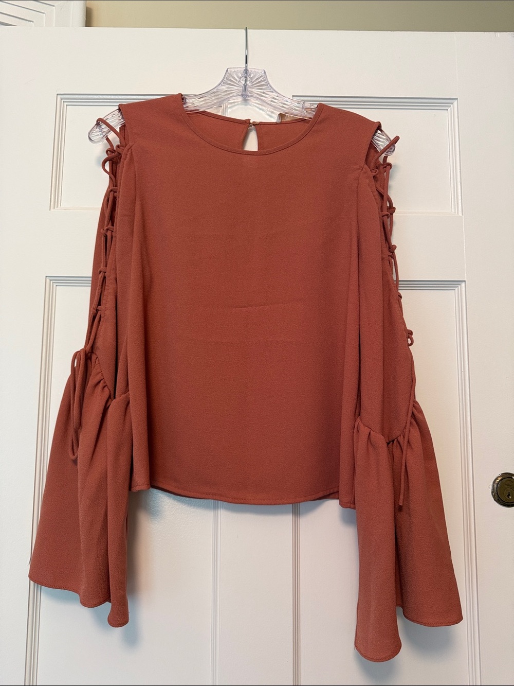 Wayf Cold-Shoulder Lace-Up Bell Sleeve Blouse
